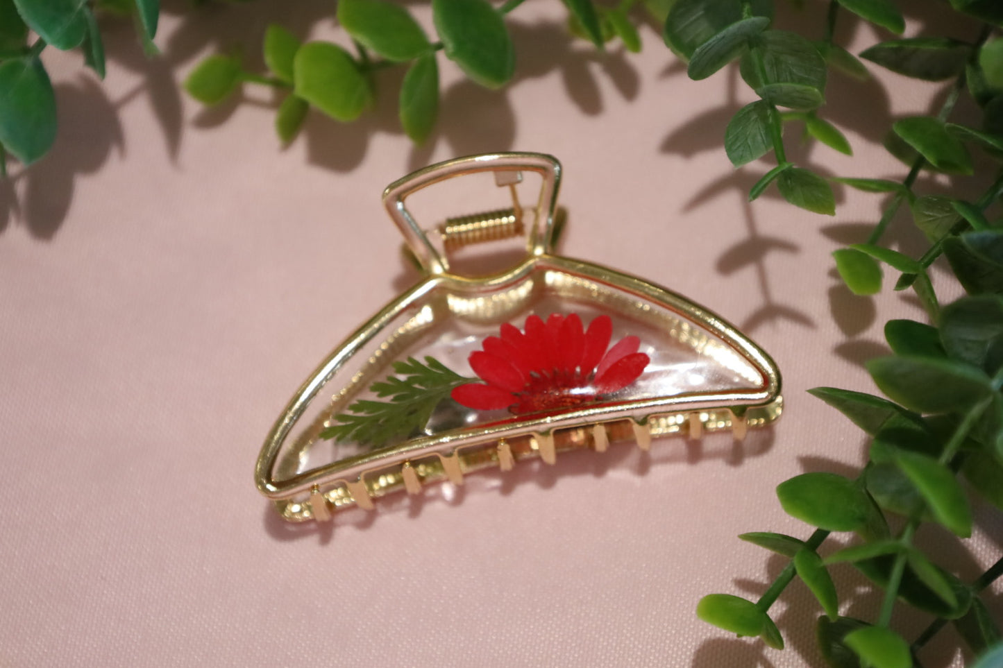 Red Floral Gold Hair Claw