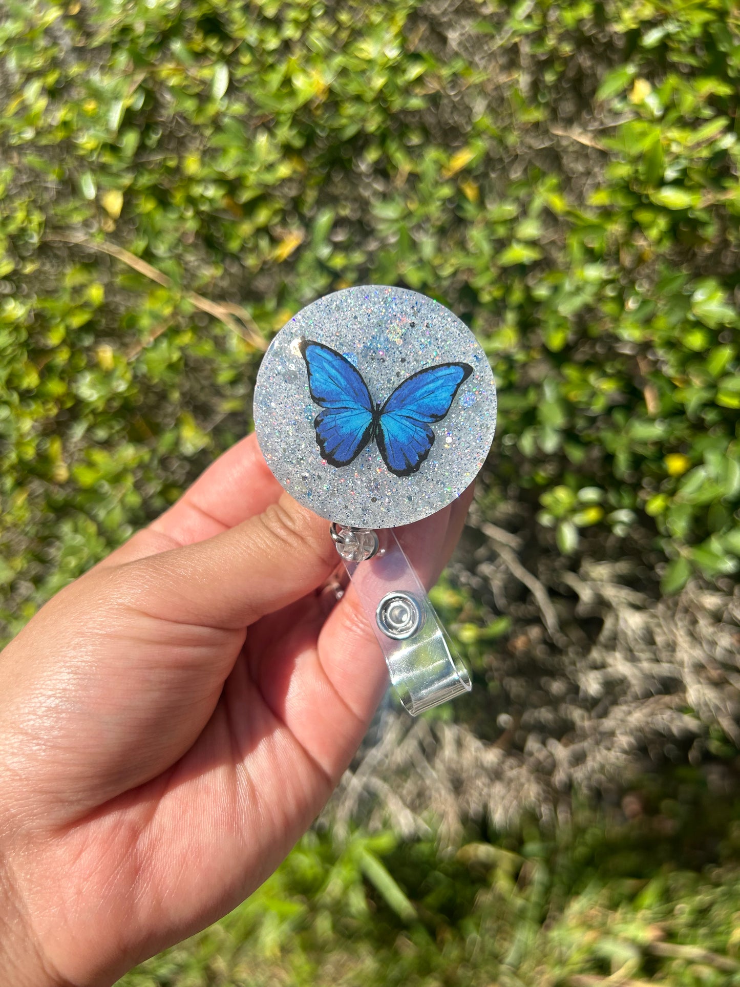 Glitter Blue Butterfly Badge Holder