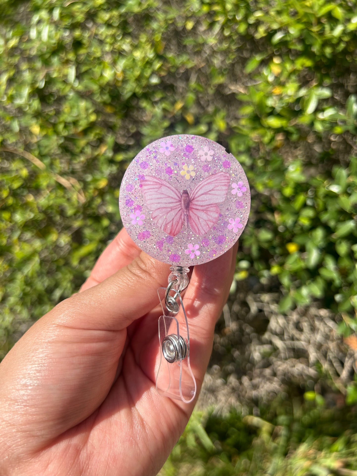 Glitter Pink Butterfly Badge Holder