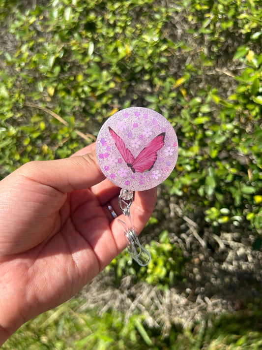 Glitter Pink Butterfly Badge Holder