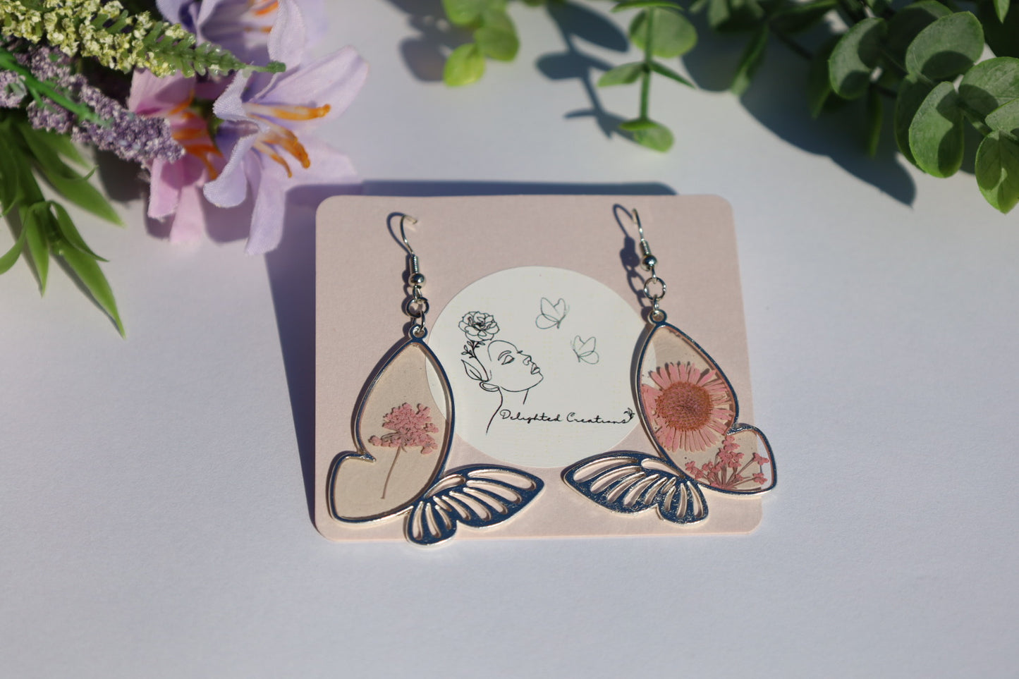 Pink Floral Butterfly Earrings