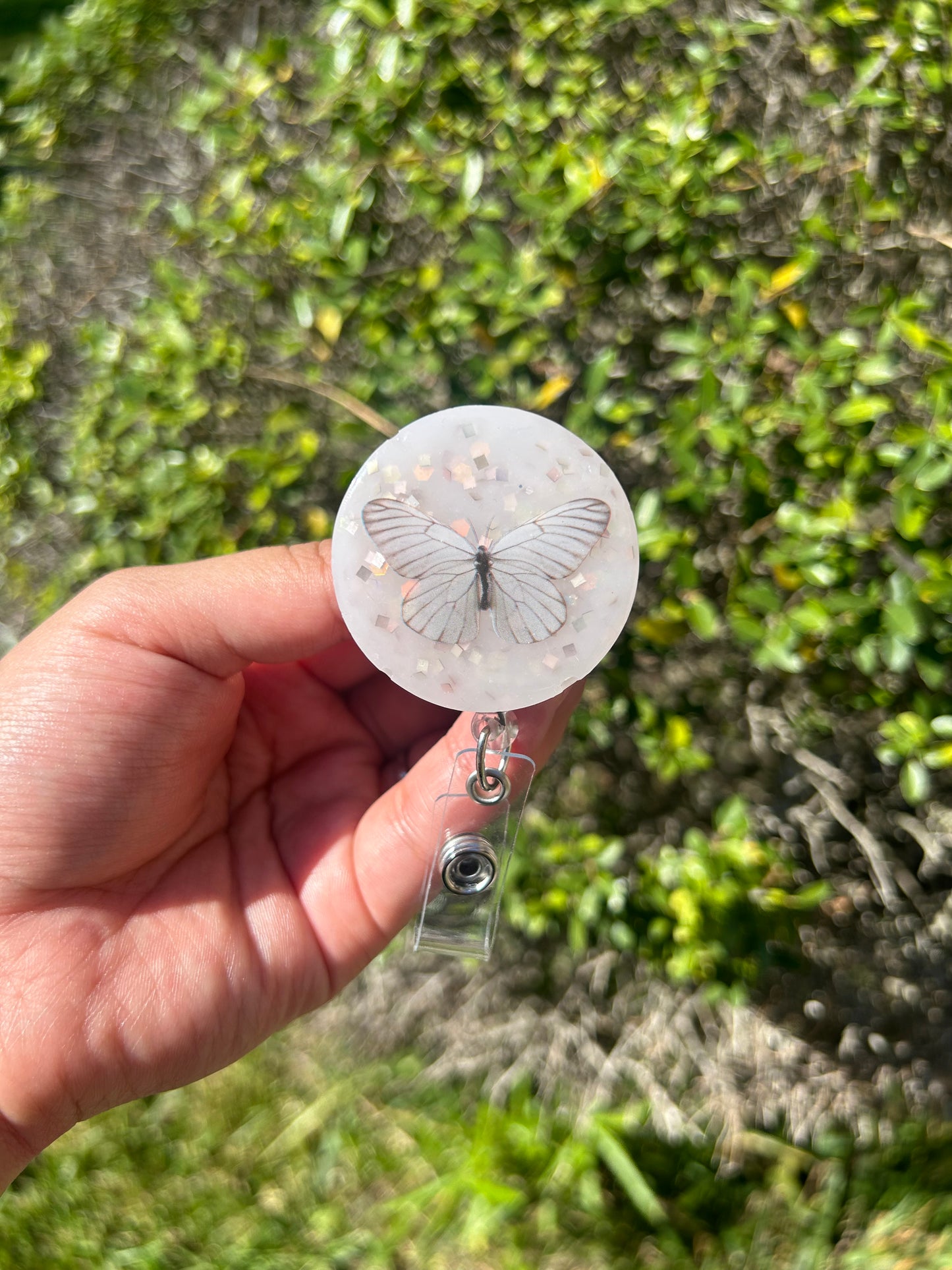 Glitter White Butterfly Badge Holder