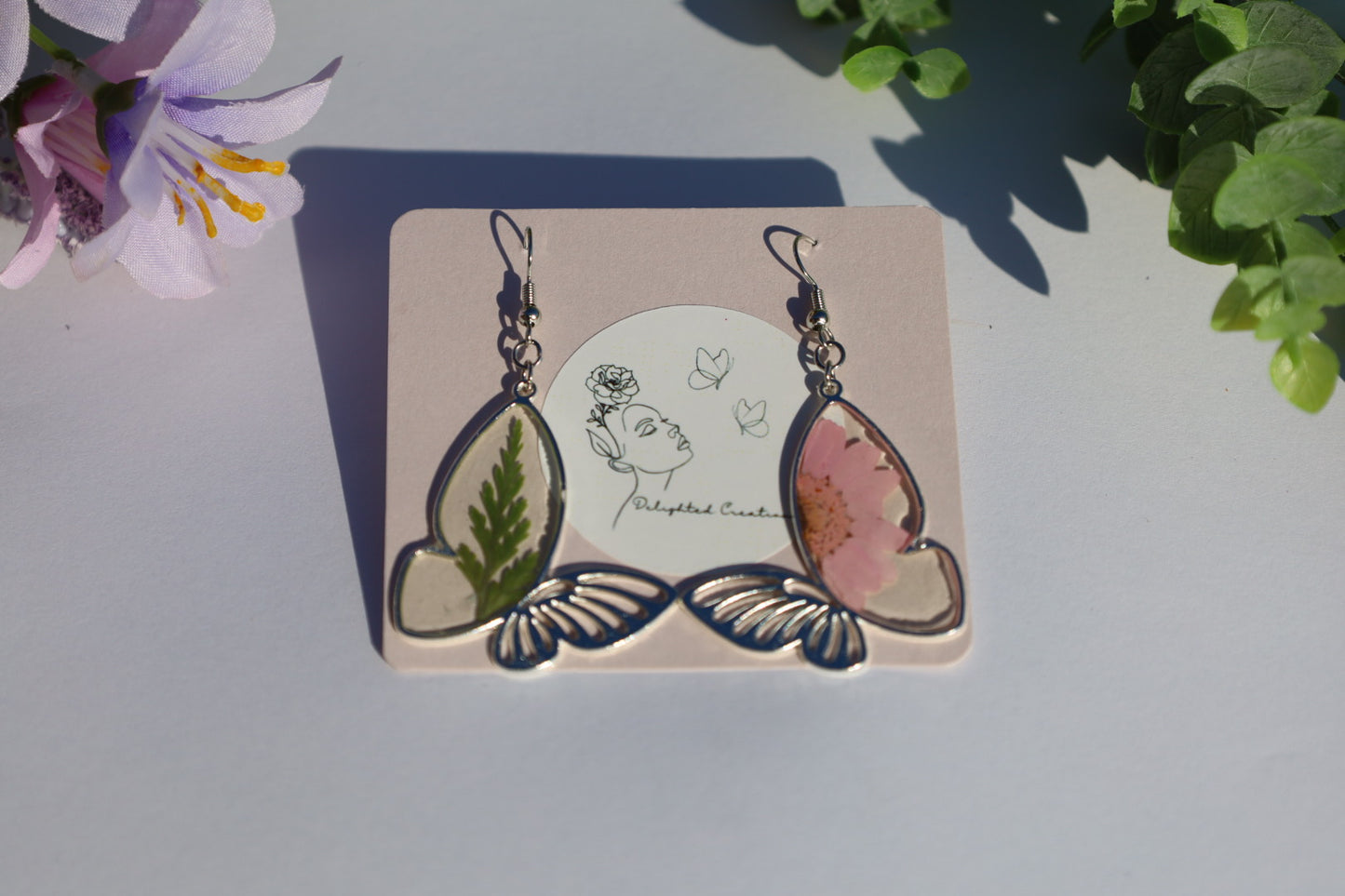 Pink Floral W/ Leaf Butterfly Earrings